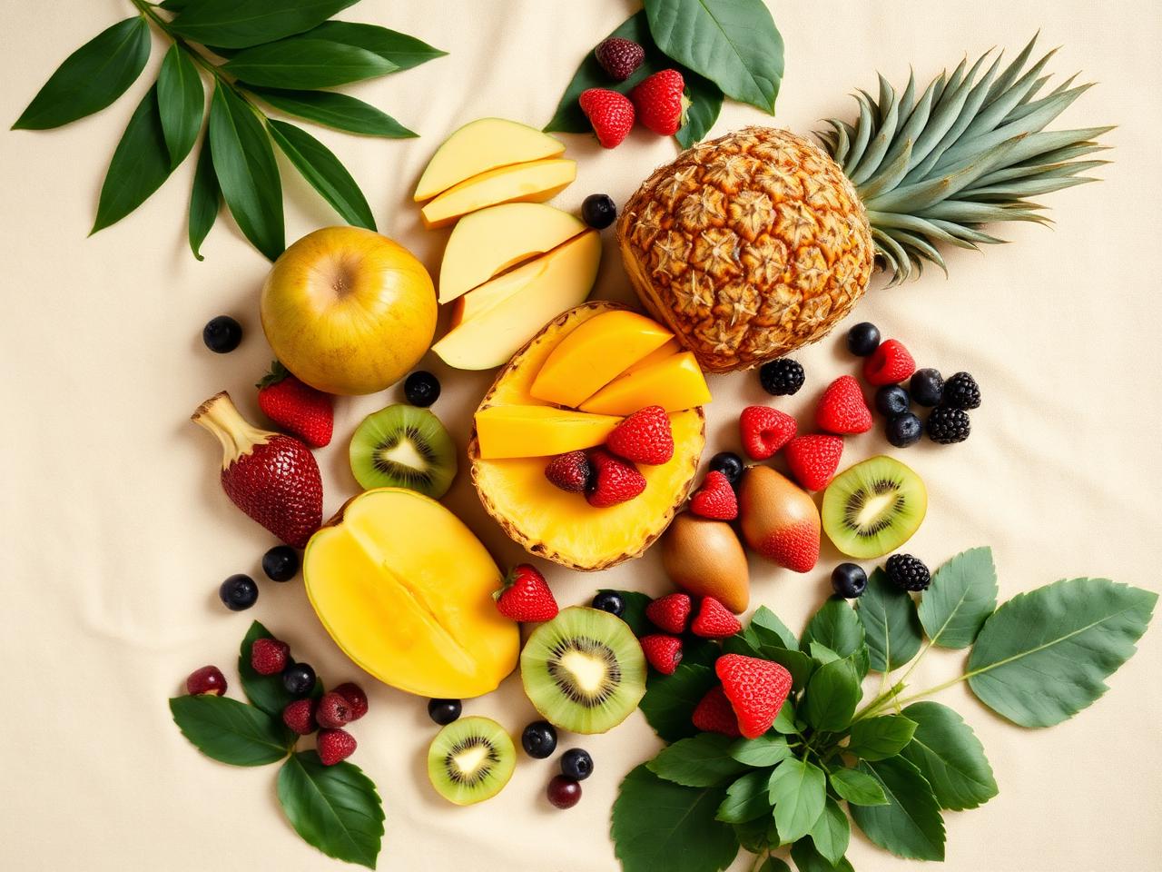 Fresh fruit and greens flat lay